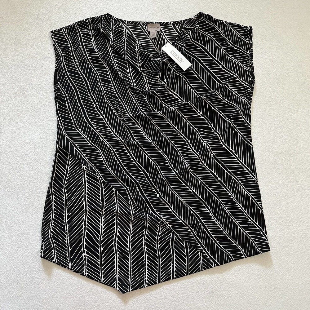 NWT Chico’s Easywear Women Black Wicker Geo Drape Neck Asymmetrical SS Top 2 L